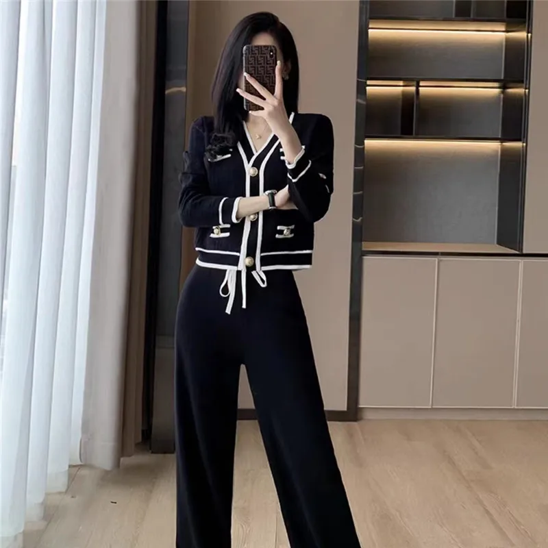 Tesco Women's Suit Blazer And Pants Knitting 2 Pieces Set High Quality Cardigan And Wide Leg Pants For Office Lady ropa de mujer