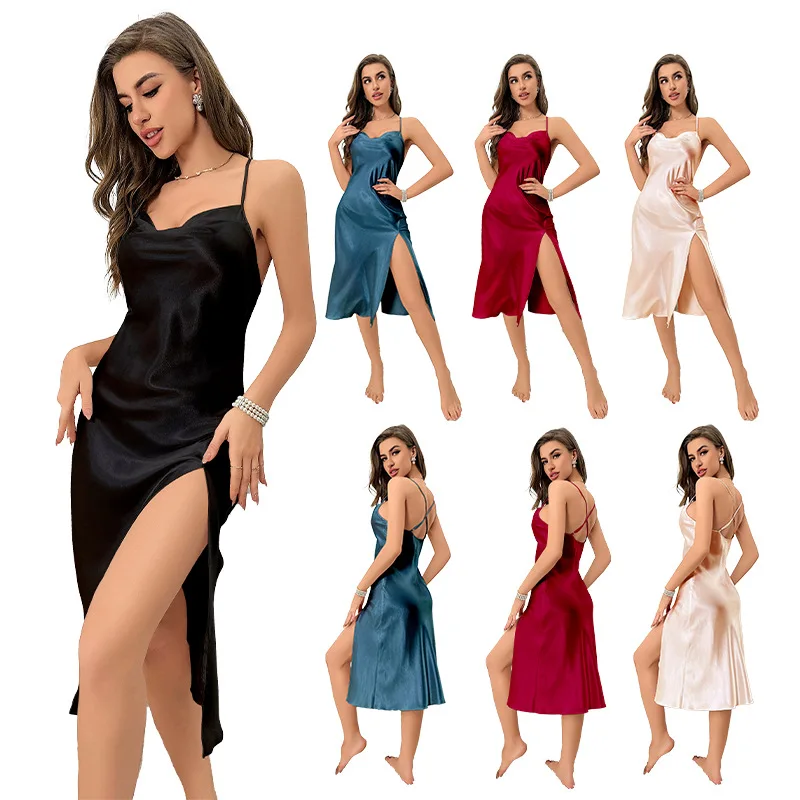 

Spring Summer Sexy Strap Knee-Length Nightdress Women Sleepwear Nightgown Rayon Nightwear Split Home Dress Loungewear
