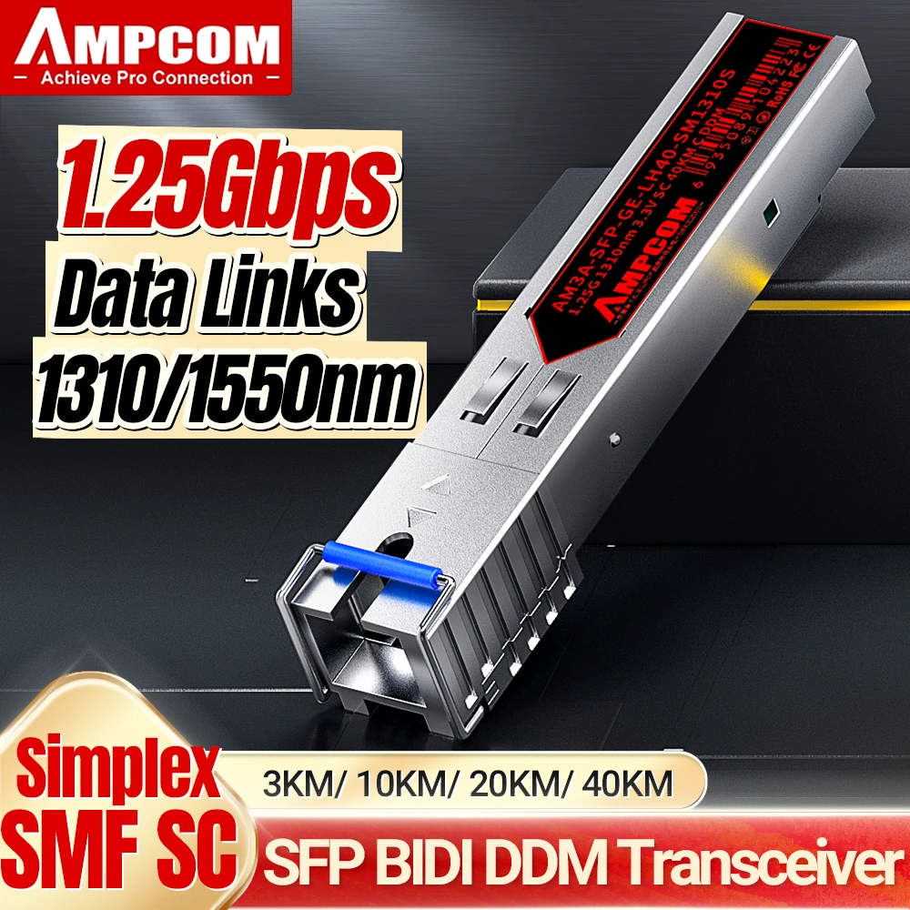 

AMPCOM 1,25G SFP модуль приемопередатчика 1000BASE-BX BiDi SFP к SC Simplex SMF 1550nm-TX/1310nm-RX DOM 3 10 20 40 км