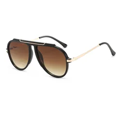 Oversized Retro Gold Metal Aviator Sunglasses - Unisex 70s Punk Square Shades (Black gradient tea)