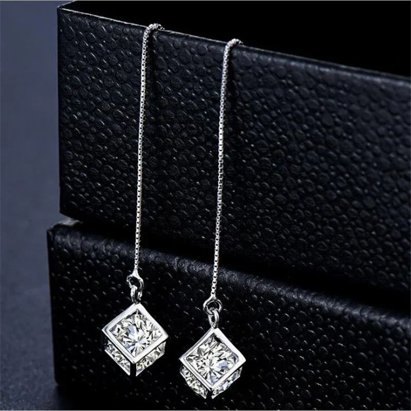 Pendientes de plata de ley 925 para mujer, cadena de gota de circonita de cubo bonito, borla larga, joyería de diseño Original, regalo de aniversario