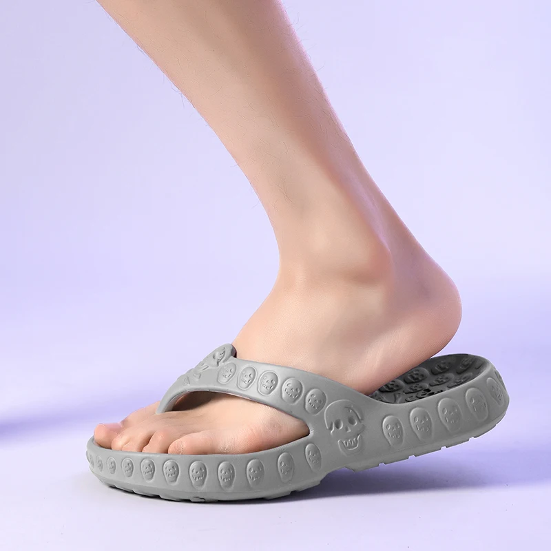남성용 맞춤형 해골 디자인 슬리퍼, 야외 비치 샌들 슬라이드, 두껍고 부드러운 바닥, 미끄럼 방지 슬리퍼