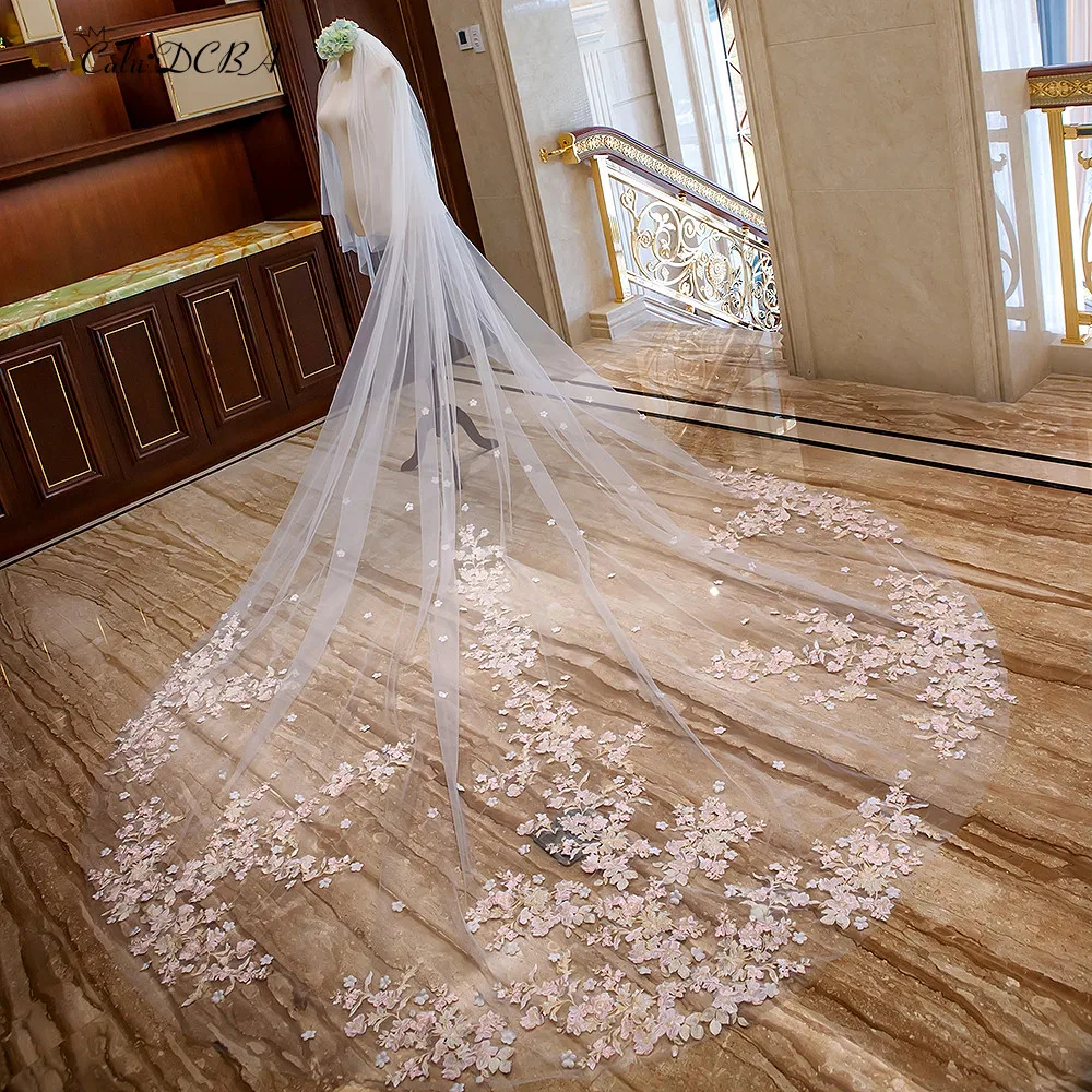 Wedding Veils Long 2 Tiers Blusher Bridal Veil Lace Edge Romantic Pink Flowers Floral Appliqued White Ivory Bride Accessories