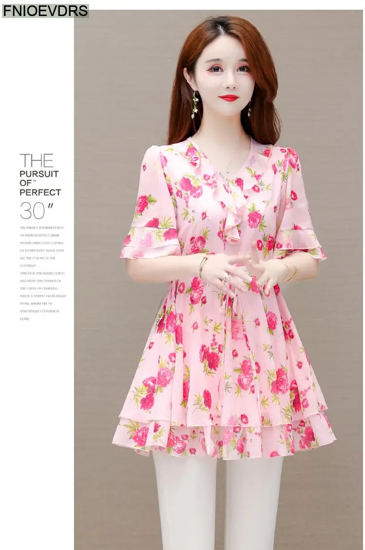 M-5XL 2023 Clothes Clothes Women European Style Elegant Basic Shirt Floral Print Retro Ruffles Belly Tunic Peplum Top Blouses