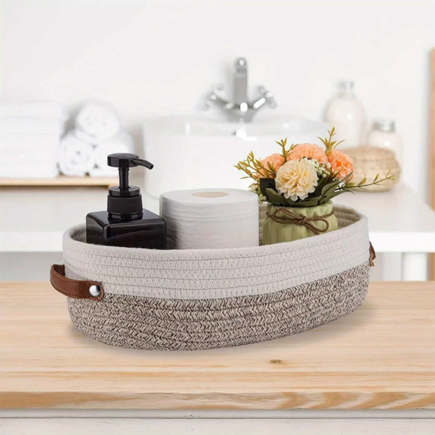 Oval Woven Bathroom Storage Basket, Multifunctional Desktop Organizer, Toilet Paper Holder, Toy Storage Basket  Basket Storage