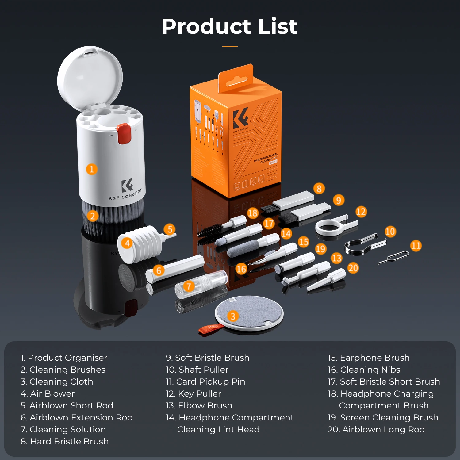 K&F CONCEPT Kit di Pulizia per Tastiera e Fotocamera 20 in 1 con Penna per Pulizia Auricolari, Spugna in Feltro, Soffiatore d'Aria, Spazzole per Schermo e Lenti del Telefono - immagine 2