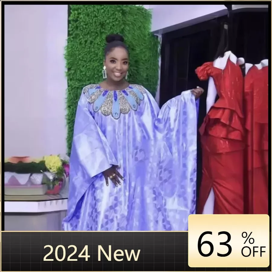 

2024 New African Women Bazin Riche Dresses With Headscarf Embroid Stone Nigerian Traditional Wedding Party Dashiki Basin Robe