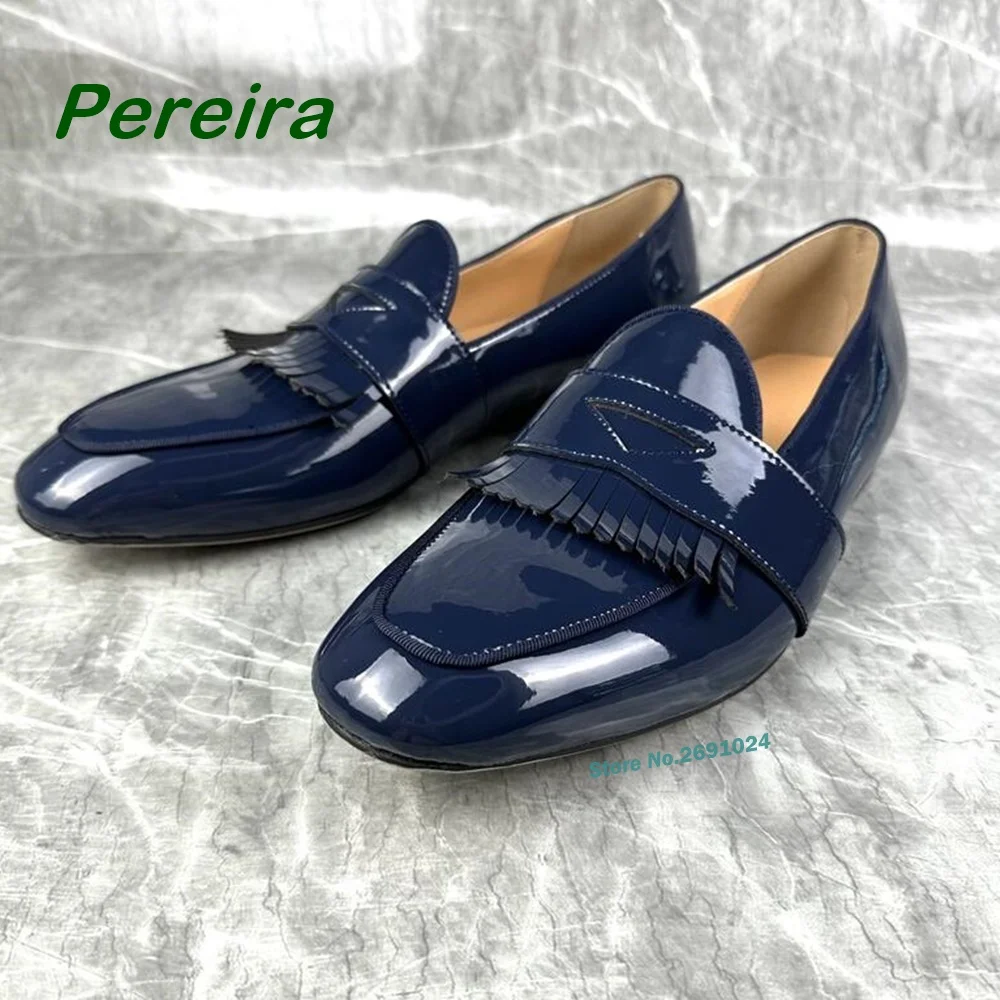 

Loafer Shoes Male Round Toe Flat with Shallow Men's Formal Shoes Fringe Blue Glossy Slip On Low Heels Plus Size 48 Leather Sexy
