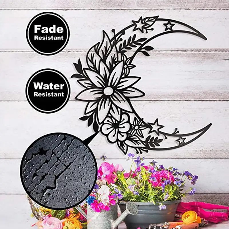 Moon Hanging Decoration Stickers Metal Floral Art Decor Black Moon Flower Sculpture Wall Hung Moon Decor Flower Wall Home Decor