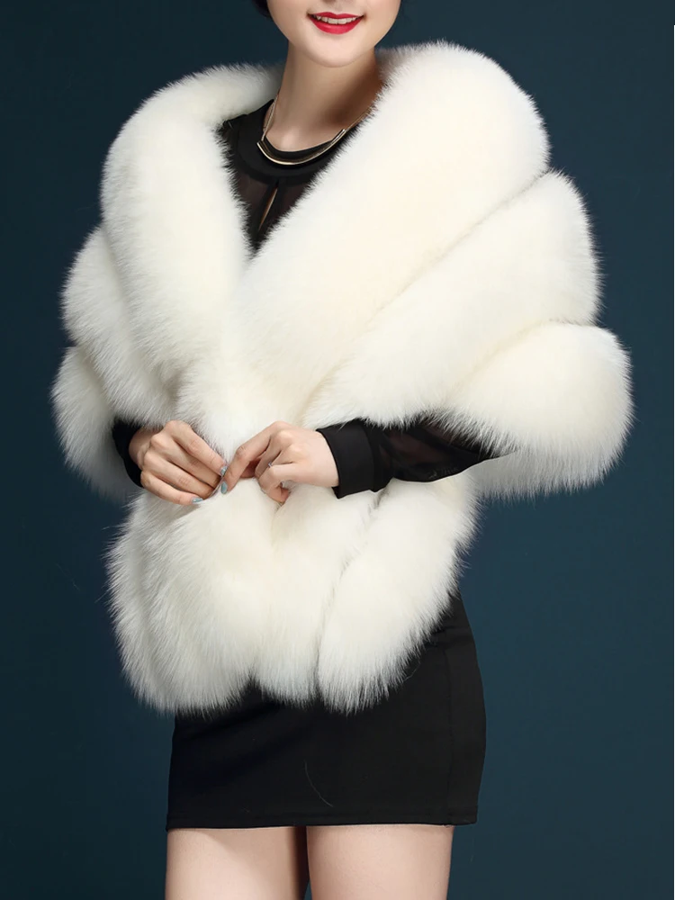 Winter Women Faux Fur Long Shawl Pocket Wrap Shrug Scarf Bridal Wedding Elegant Short Fox Fur Warm Female Waistcoat Cloak Coat