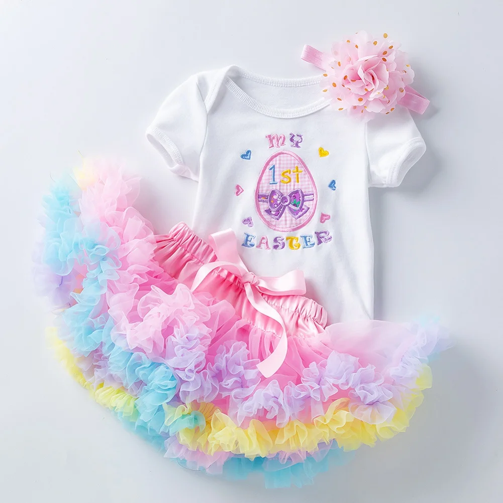Baywell 0-24M Easter Toddler Infant Baby Girl Clothes Sets Letter Printed  Bodysuit Colorful Puffy Skirt