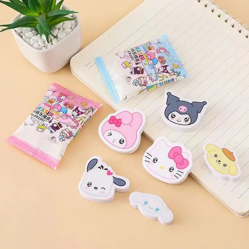 Sanrio 30/60pcs Eraser Kawaii Hello Kitty Kuromi Cinnamoroll Pumping Student Stationery Supplies Children's Toys