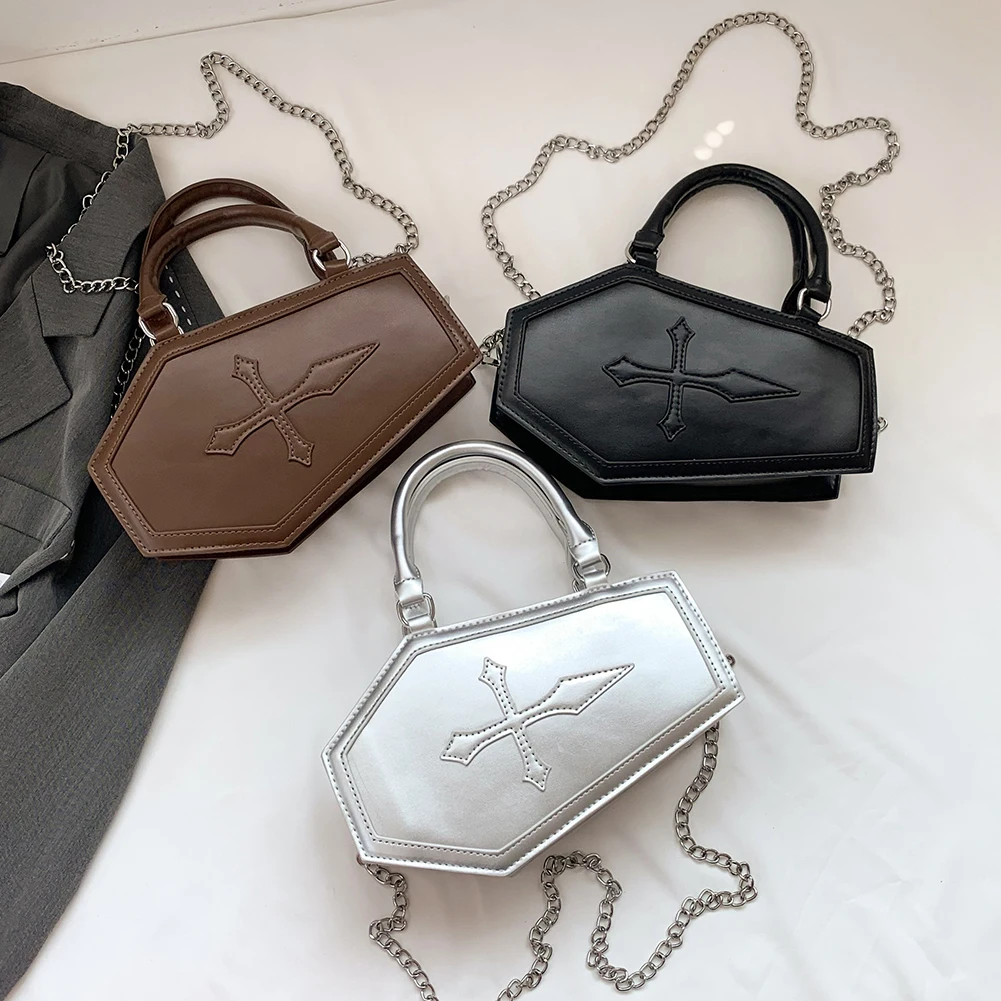 PU Leather Gothic Bag Coffin Shaped Women Casual Shoulder Bag Top Handle Zipper Large Capacity Fashionable for Halloween Cosplay