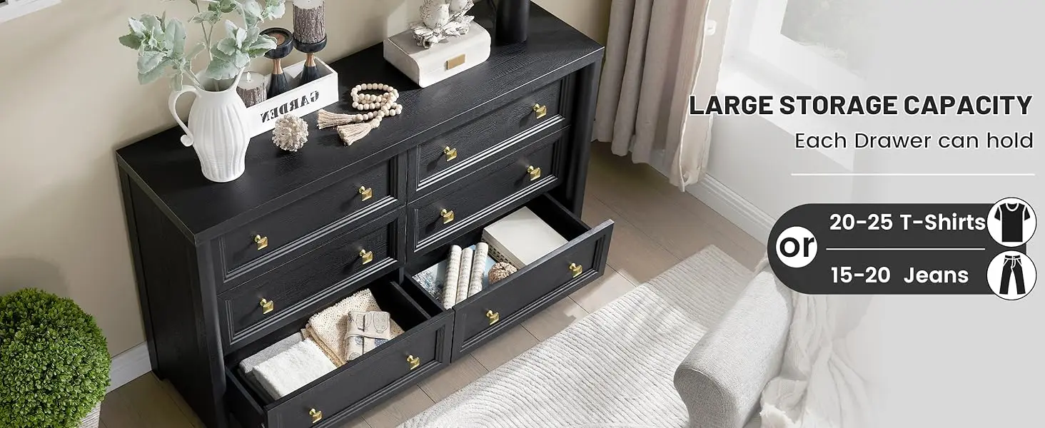 black 6 drawer dresser for bedroom,dressers & chests of drawers,closet dresser,large dresser