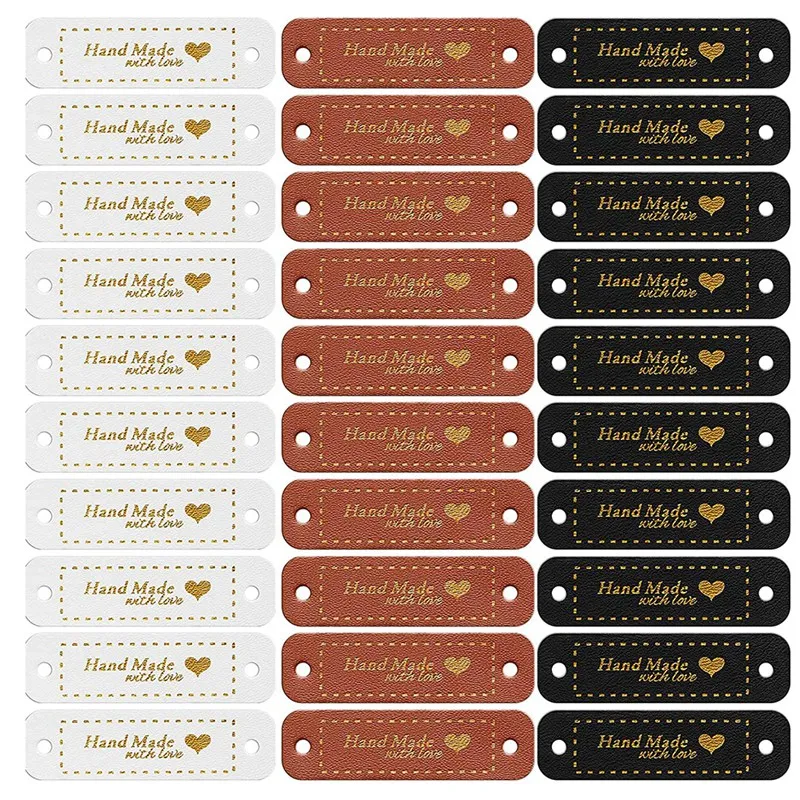

Бирки из искусственной кожи ручной работы, 60 шт., этикетки для пришивания из искусственной кожи, украшения, аксессуары для вязания с отверстиями для рукоделия