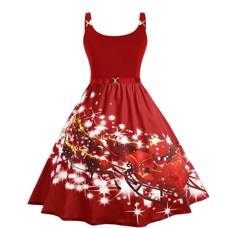 For Women Fashion Vintage Christmas Print Belt Sleeveless High Waist ...