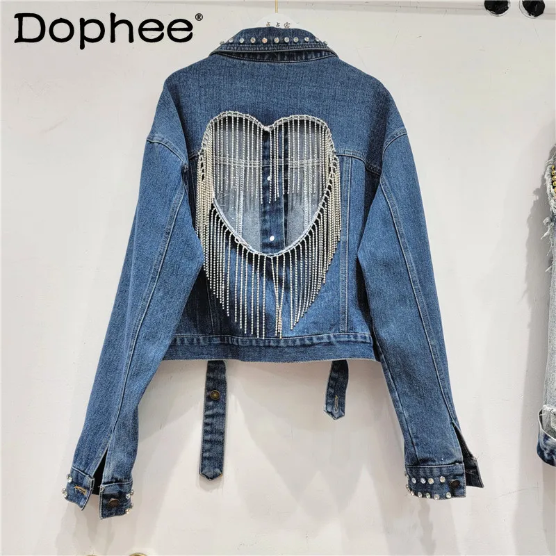 

Street Hot Diamond Tassel Chain Hollow-out Love Denim Jacket Women's High Quality Korean Jean Jacket Coat 2023 Autumn Clothes