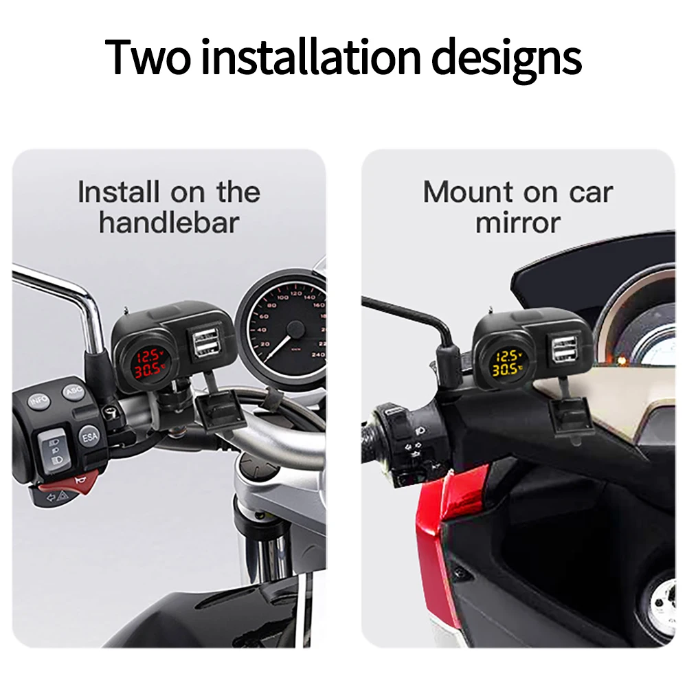 

QC3.0 Dual USB Fast Charger Waterproof Motorcycle Phone Charger Digital Display Voltmeter Thermometer Adapter for Cell Phone