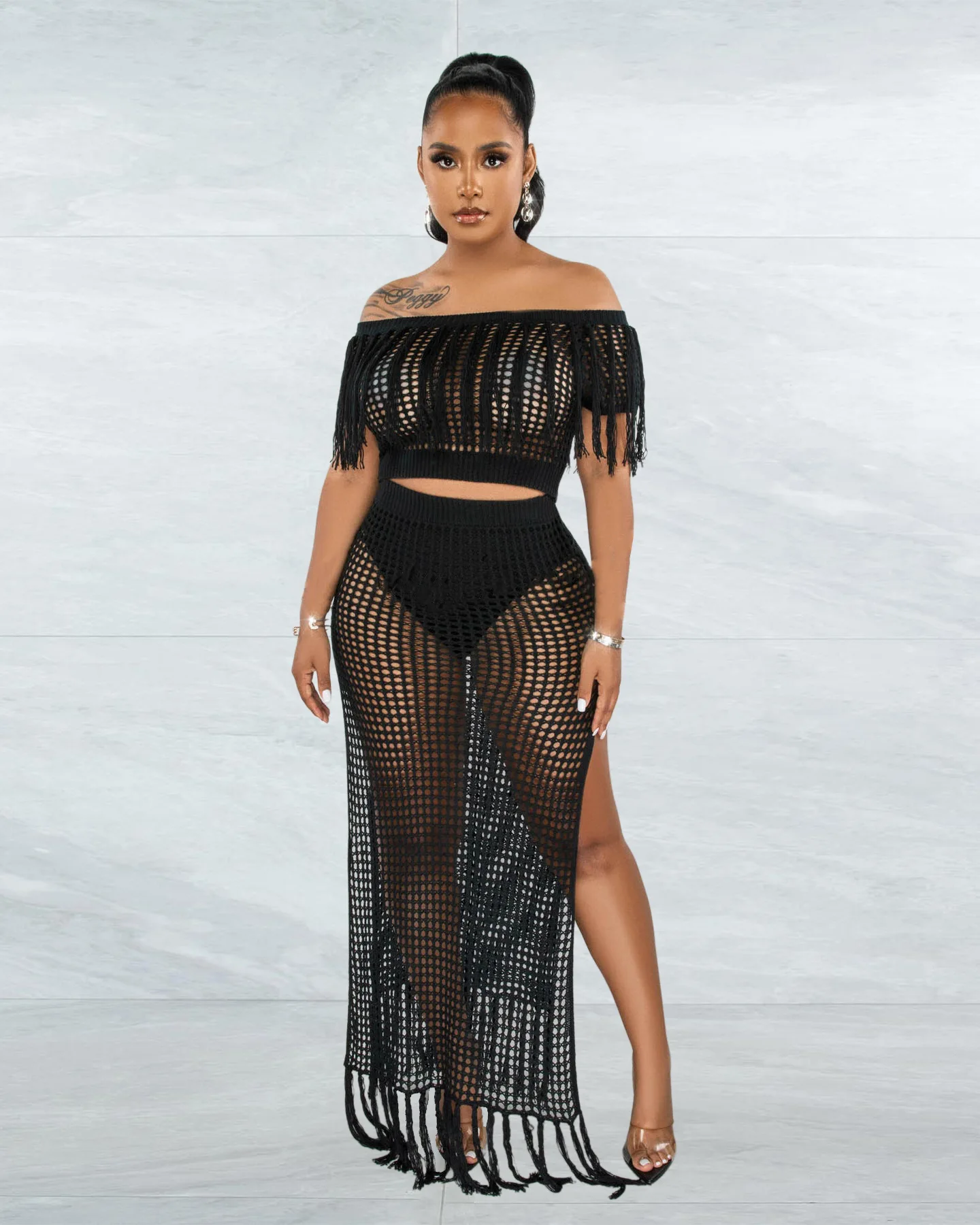 

Fashion Solid Tassels Hollow Out Crop Tops+High Slit Skirts 2023 Summer Sexy Crochet Knitted See-Through Beach Bikini Cover Up