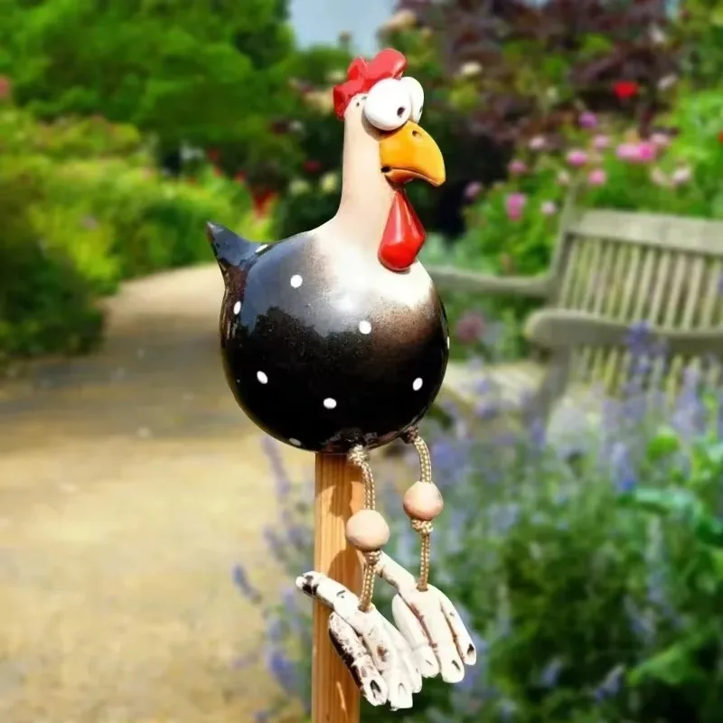 Wooden Stake Decoration Resin Crafts Funny Big Eyed Chicken Statue Long Foot Hen Sculptures Garden Fence Art Supplies