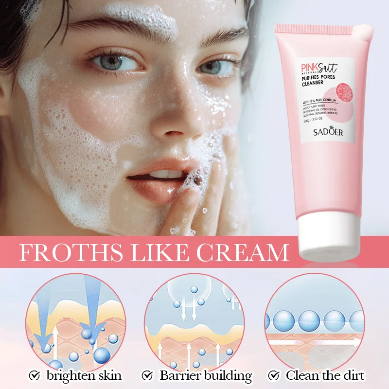 SADOER Himalayan Pink Salt Facial Cleanser Deep Cleansing Moisturizing Face Wash Foam Cleanser Face Cleansing Skin Care 5
