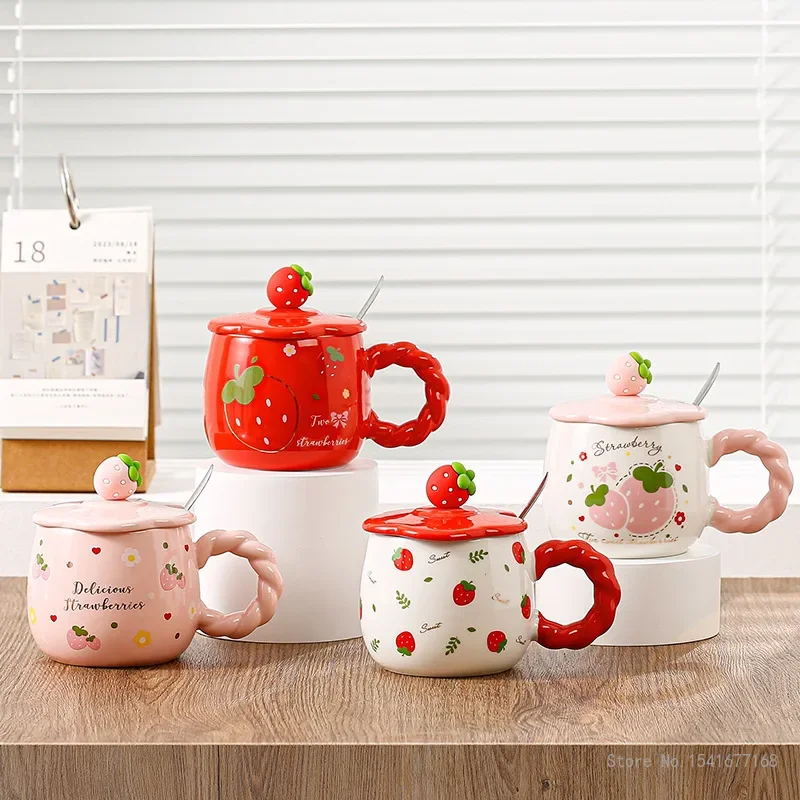 Creative Ceramic Cartoon Strawberry Pattern Milk Cup, with Cover, Chinese Style Home Office Supplies, Handle, Breakfast Mug, 1Pc