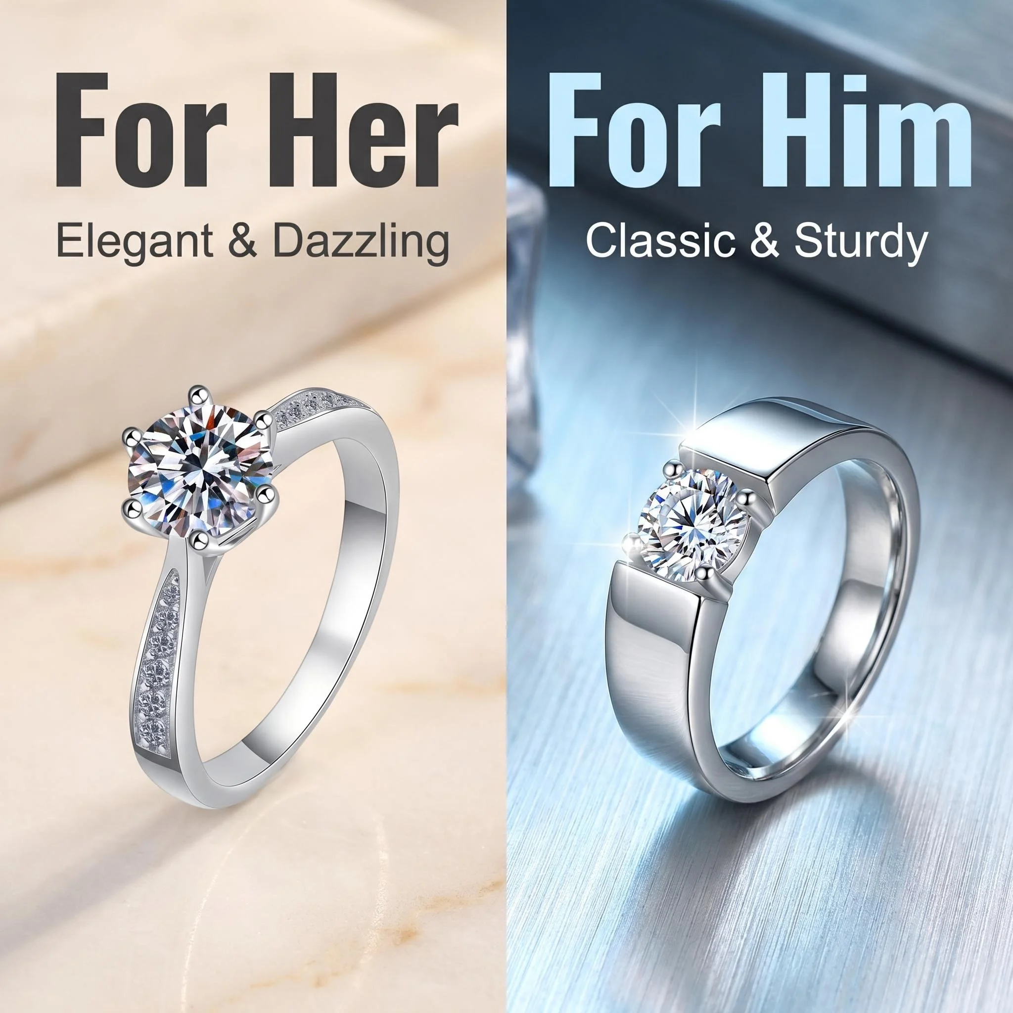 Bague de couple en argent sterling 925 avec moissanite D VVS1 pour femme et homme, bijoux de mariage, fiançailles, imitation diamant, cadeaux de mode, fête