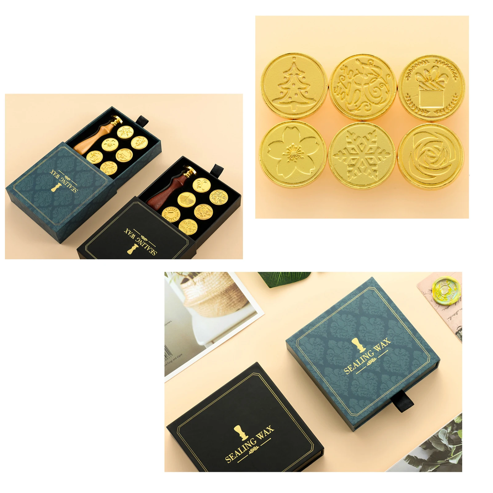 Wax Seal Stamp Kit Retro Vintage Sealing Wax Stamp Wooden Handle Replaceable Stamp Head with Gift Box for Cards Envelopes