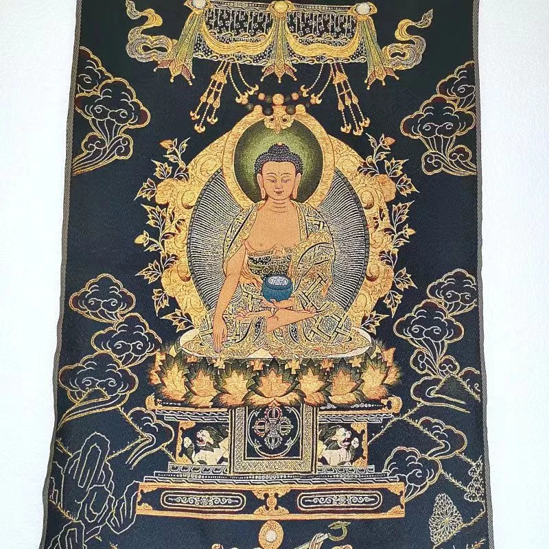 

Tibetan Buddha Thangka, embroidered brocade painting, Black gold medicine master Buddha, exquisite home decoration, auspicious