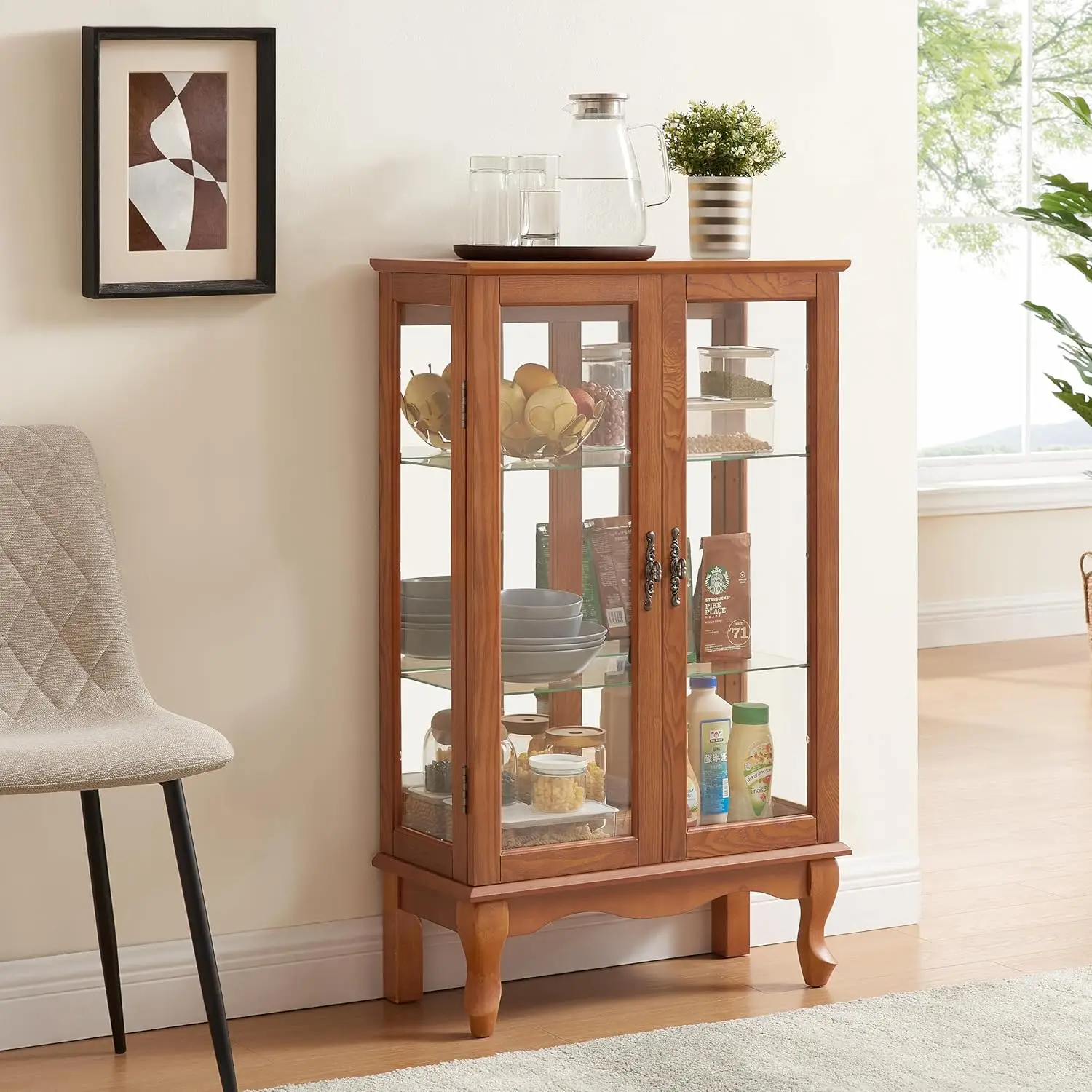 3-Tier Lighted Glass Display Curio Cabinet with 2 Tempered Glass Doors,Curio Case with Mirrored Back Panel & Adjustable (Oak_2)