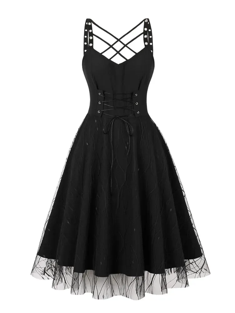 

2023 Retro Criss Cross Eyelet Detail Halloween Cosplay Evening Party Dresses Women High Waist Vintage Mesh Overlay Corset Dress