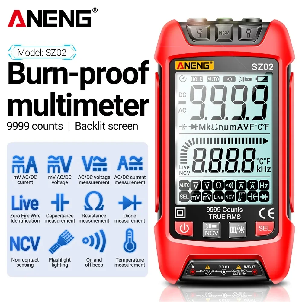 ANENG SZ02 Smart Digital Multimeter 9999 Counts True RMS Auto Electrical Capacitance Meter Temp Resistance Transistor Testers digital multimeter multimeter tester