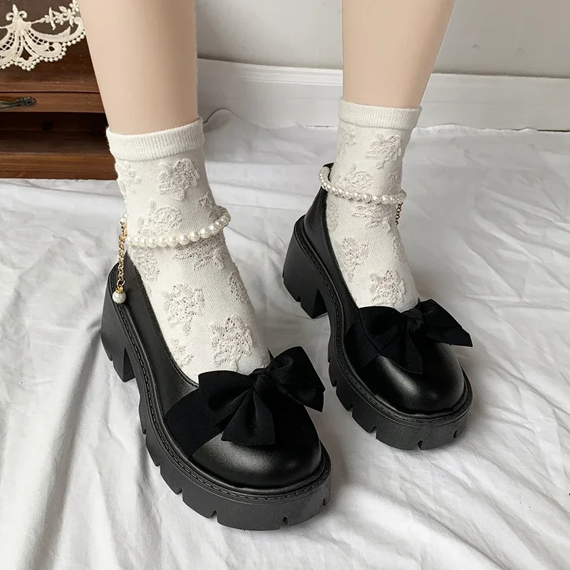 New Sexy Fashionable Elegant Shallow Mouth Round Toe Square Heel Thick Sole Casual Solid Color Bow Women's Shoes 2