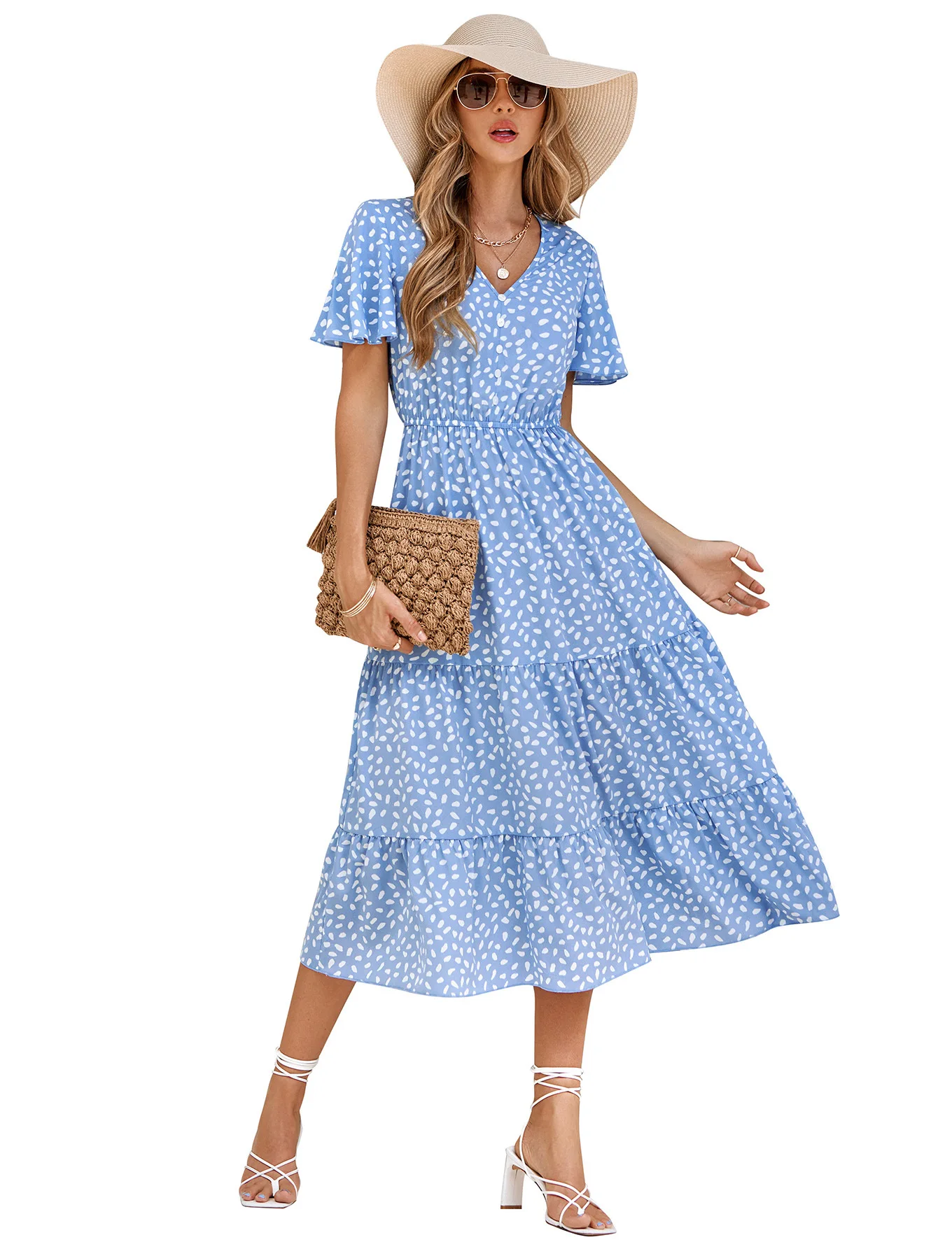 Black Contrast Leopard Frilled Trim V Neck Bracelet Sleeve Midi Dress