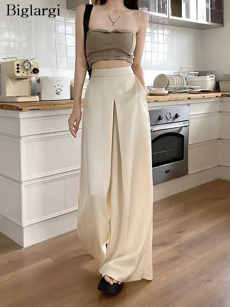 

Autumn Satin Long Pant Women Loose Pleated Irregular Korean Style Ladies Blazer Suit Trouser High Waist Modis Casual Woman Pants