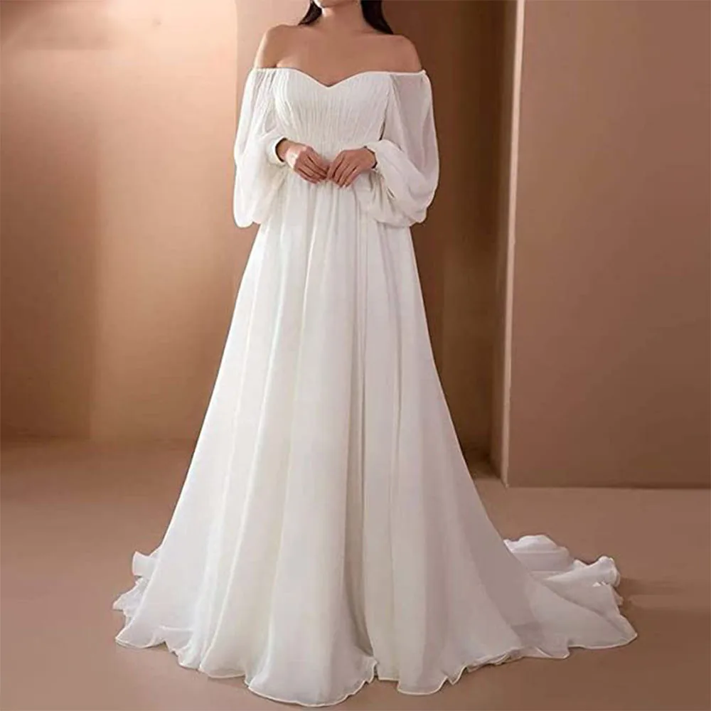 

Simple Sweetheart Wedding Dresses A Line Puff Sleeves Ruched Chiffon Bridal Gown Robe De Mariee Court Train For Elegant Women