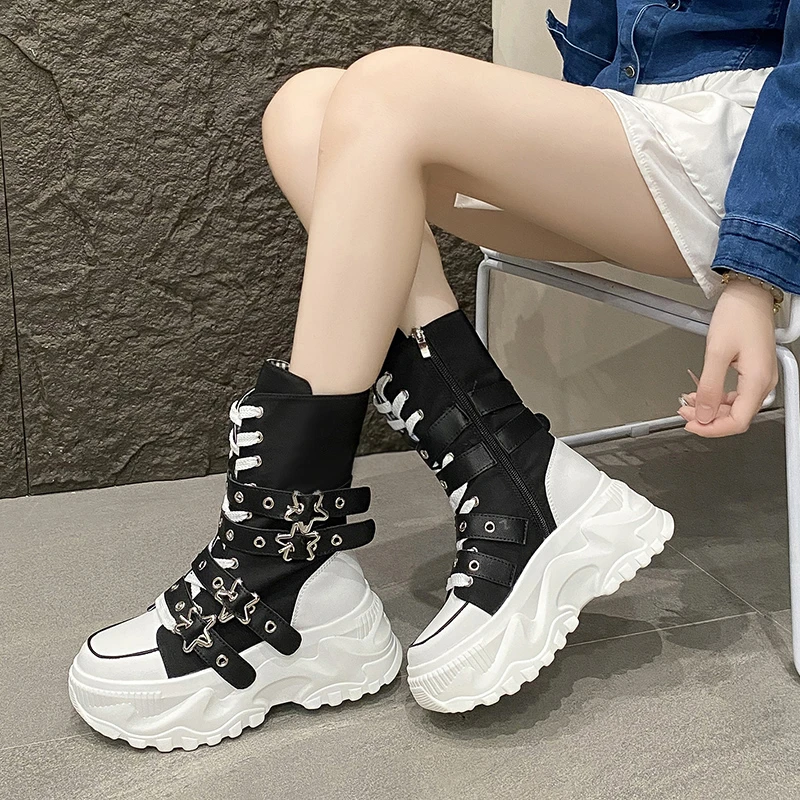 Women's Platform Boots New Round Head Belt Buckle Locomotive Boots European and American Thick-soled Boots for Women Botas Mujer - 2