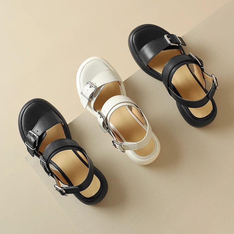 

Women Genuine Leather Sandals Round Toe Flat Platform Slippers Ladies Summer Slides Fashion Buckle Beach Shoes Beige 39