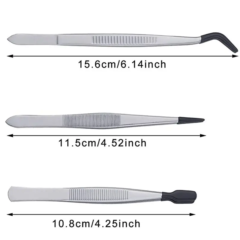 AEE8-3개 고무 팁이 있는 핀셋 세트, PVC 코팅 핀셋 세트, 고무 직선형 및 평면 팁 핀셋