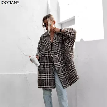 Cappotto di lana scozzese allentato ispessito autunno e inverno Cappotto da donna con motivo pied de poule Cappotto elegante con risvolto per il tempo libero Nuovo 1