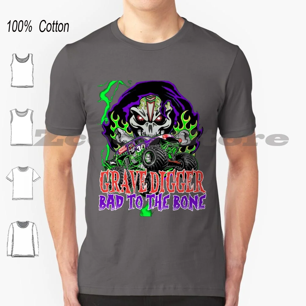 Grave Digger Bad To The Bone Monster Jam Grave Digger Monster Fanart T-Shirt 100% Cotone Uomo Donna Modello Personalizzato Monster