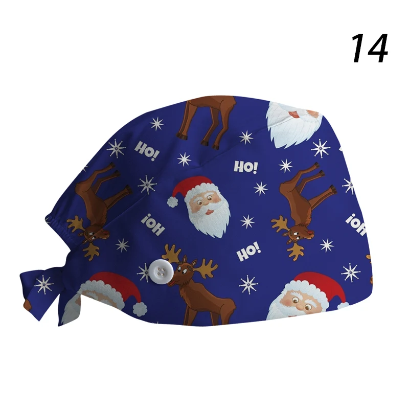Unisex Scrubs Cap Cotton Adjustable Nursing Hat Christmas Print Pet Groomin Beauty Salon Nursing Clinic Women Working Caps 6