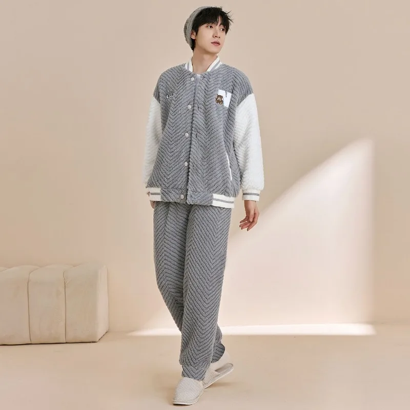 Male Baseball Collar Flannel Home Clothes Outside Wear Autumn Winter Pajamas Men Loose Simple Casual Two-piece Loungewear Suit