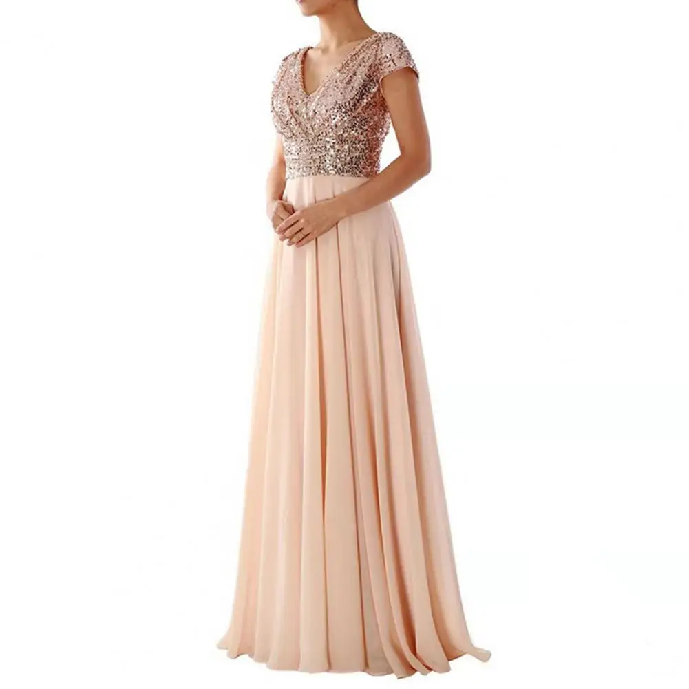 

Holiday Dress Skin-touch Wedding Dress Floor Length Sequins Tops Chiffon Pleated Hem Gown Dress Popular for Banquet