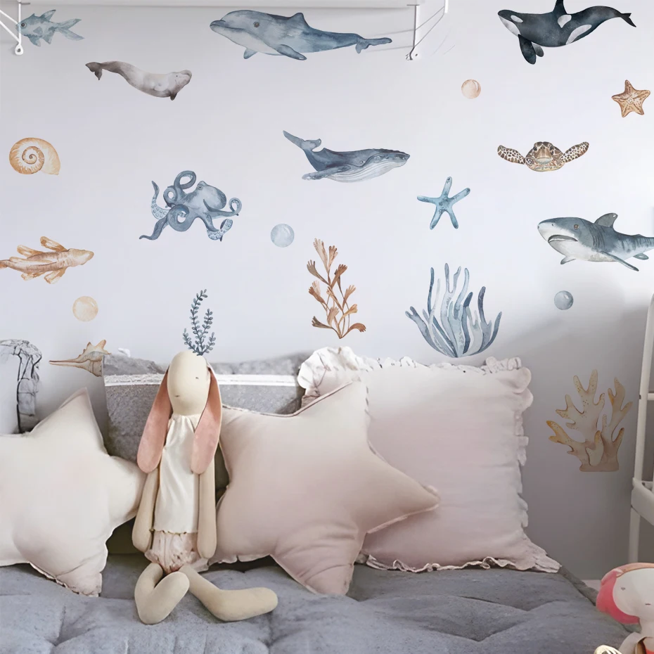 Watercolor Cartoon Sharks Wall Decals Ocean Animal Wall Sticker Under The Sea Marine Life Theme Decals Nursery Kids Room Decor wall stickers luminous wall stickers vinyl decal stickers
