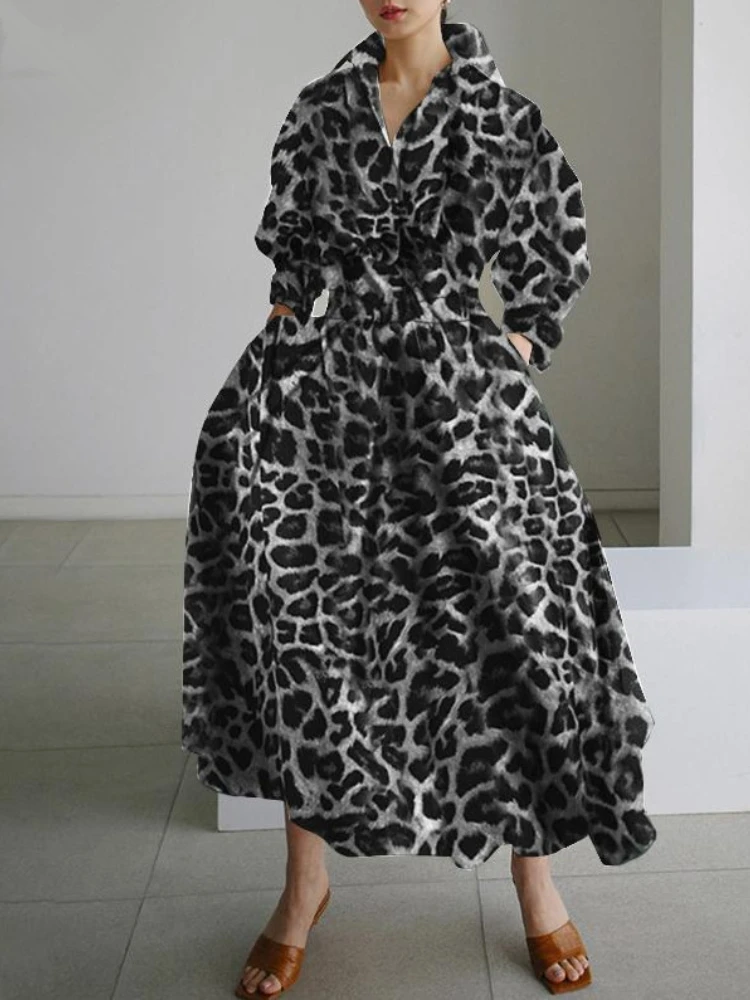 

S-5XL Korean Fashion Long Sleeve Shirt Dress Chic Turndown Neck Ruched Maxi Dress Women 2023 Autumn Winter Clothes Streetwear