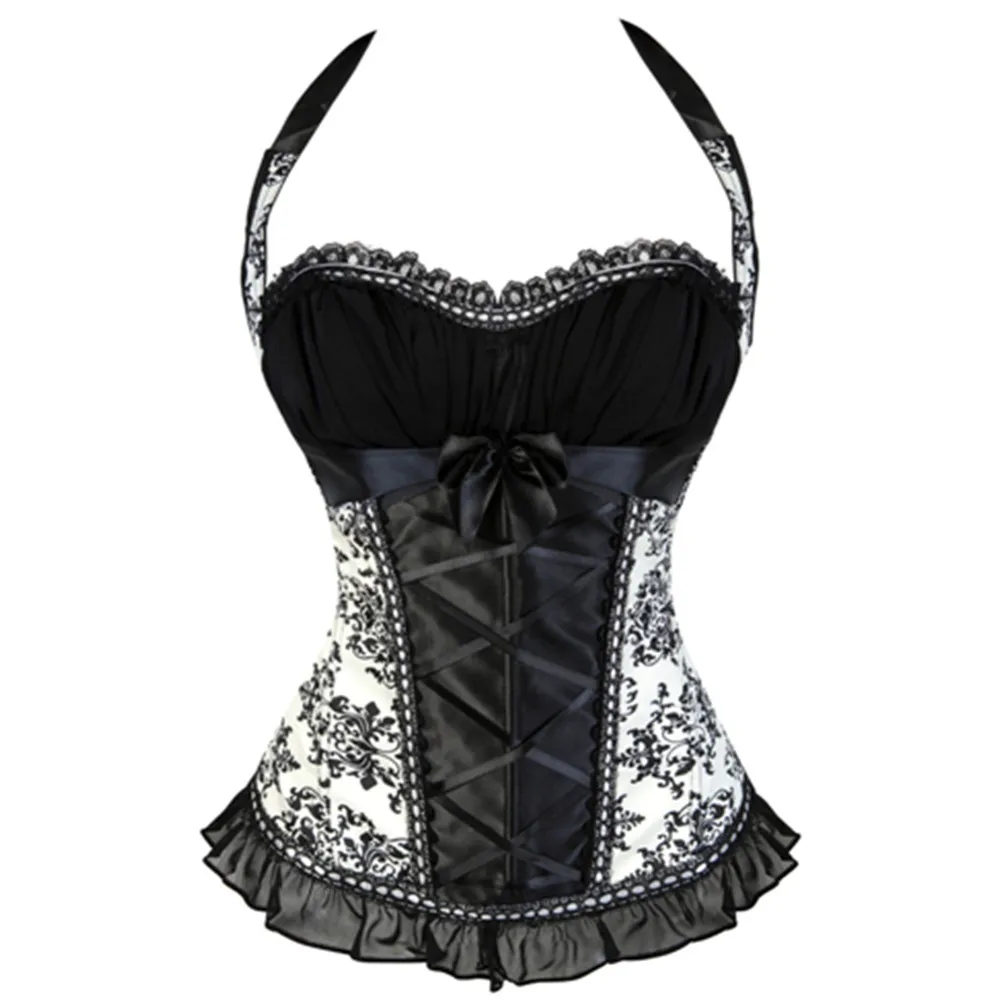 

Elegant Halter Floral Print Satin Overbust Corset Lace up Bustier Waist Cincher Body Shaper Corsets and bustiers Espartilho