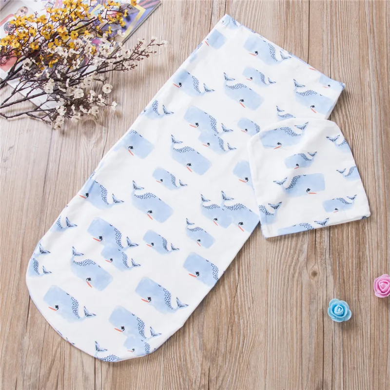 Newborn Baby Cotton Swaddle Blanket Cartoon Whale Shark Seal Print Cute Baby Boys And Girls Summer Sleeping Bag + Hat