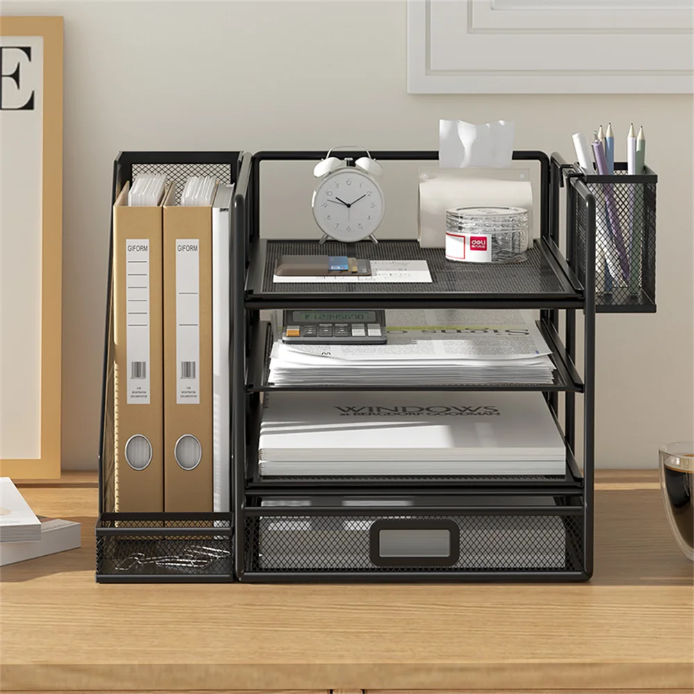 Desk Organizer File Holder 4-TIER Letter Tray Organizer Sliding Drawer 1 Pen Holder Metal Mesh Desktop file organizer desk mail organizer pen holder organizer