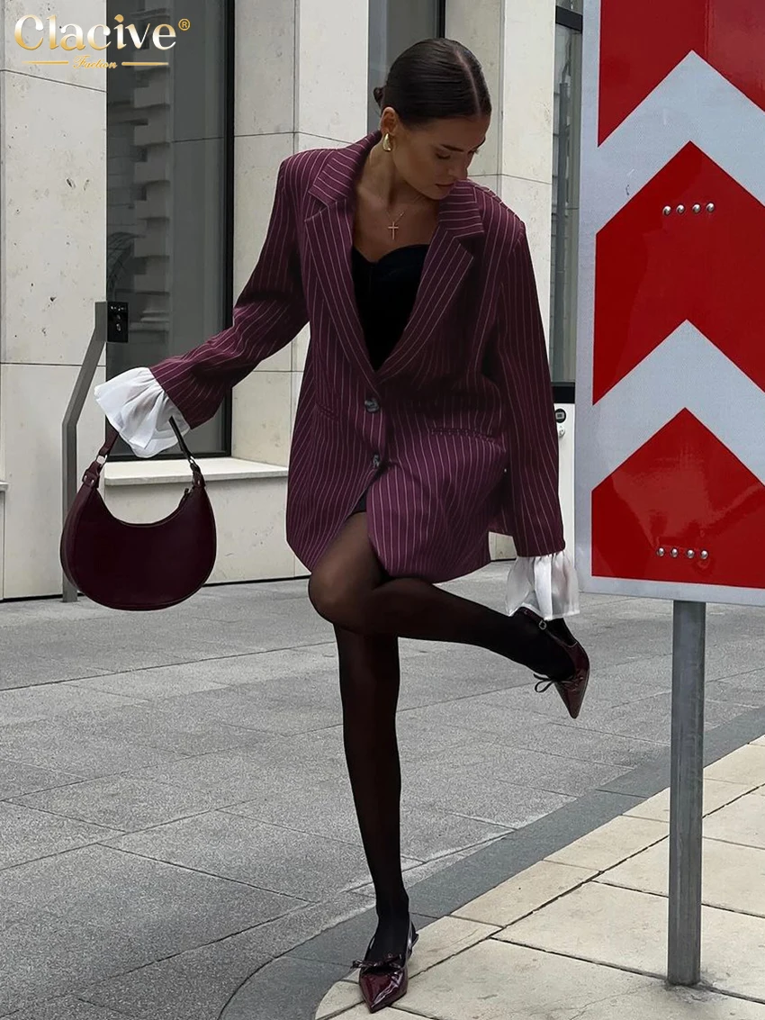 Clacive Fashion Loose Wine Red Stripe Women's Blazer Winter Lapel Long Sleeve Coats Elegant Blazers Top Female Clothing